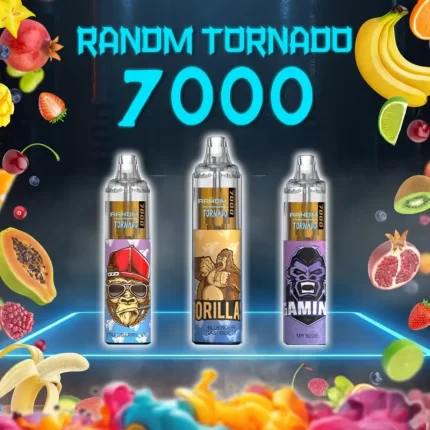 Three RandM Tornado 7000 disposable vapes featuring Gorilla, Gaming, and Urban designs, surrounded by a colorful mix of fruits including banana, kiwi, strawberry, and pomegranate.