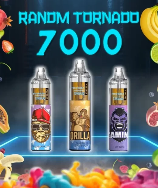 Three RandM Tornado 7000 disposable vapes featuring Gorilla, Gaming, and Urban designs, surrounded by a colorful mix of fruits including banana, kiwi, strawberry, and pomegranate.