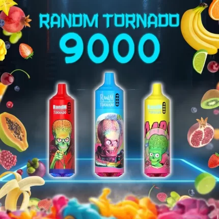 Random Tornado 9000 vape with vibrant alien-themed packaging, featuring a variety of fruity flavors including banana, pomegranate, and strawberry. Eye-catching design with vibrant colors.