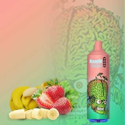 RandM Tornado 9000 disposable vape in pink and green with a strawberry banana flavor and alien head design.