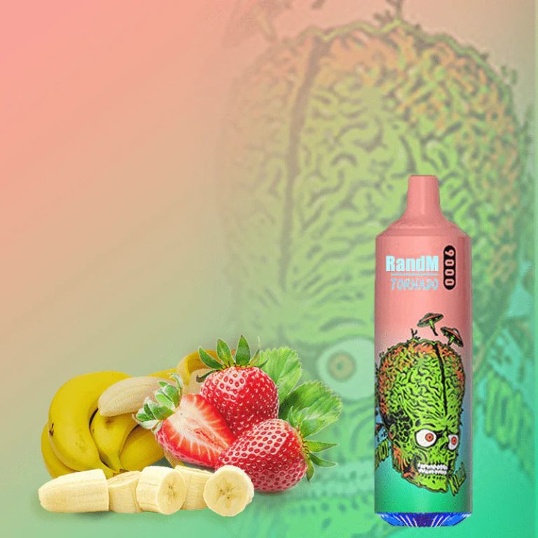 RandM Tornado 9000 disposable vape in pink and green with a strawberry banana flavor and alien head design.