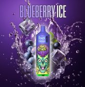 RandM Tornado Blueberry Ice vape with “Mars Attacks” design, surrounded by blueberries, splashing water, and ice cubes on a purple background