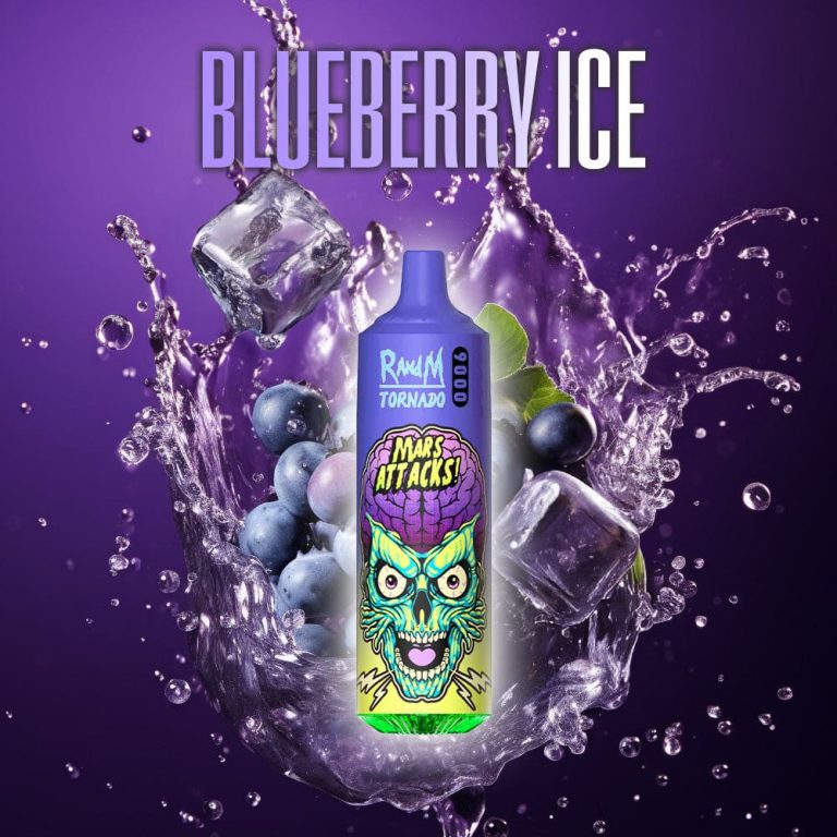 RandM Tornado Blueberry Ice vape with “Mars Attacks” design, surrounded by blueberries, splashing water, and ice cubes on a purple background