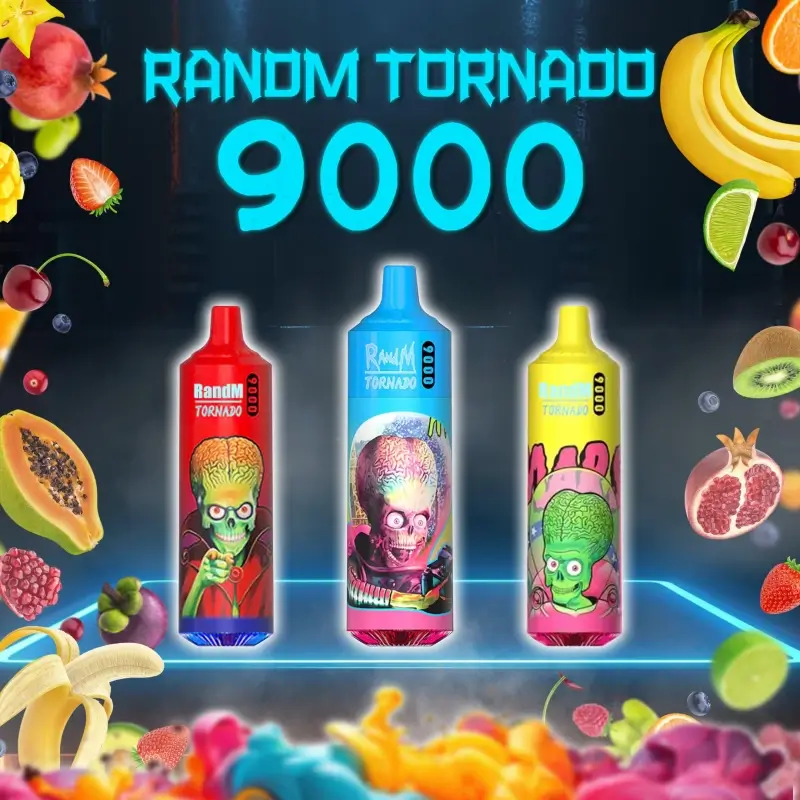 Random Tornado 9000 vape with vibrant alien-themed packaging, featuring a variety of fruity flavors including banana, pomegranate, and strawberry. Eye-catching design with vibrant colors.