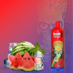 RandM Tornado 9000 red vape with an alien illustration, displayed with watermelon slices, ice cubes, and mint leaves.