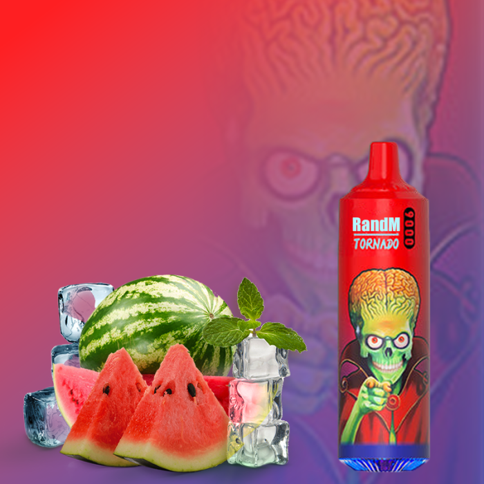 RandM Tornado 9000 red vape with an alien illustration, displayed with watermelon slices, ice cubes, and mint leaves.