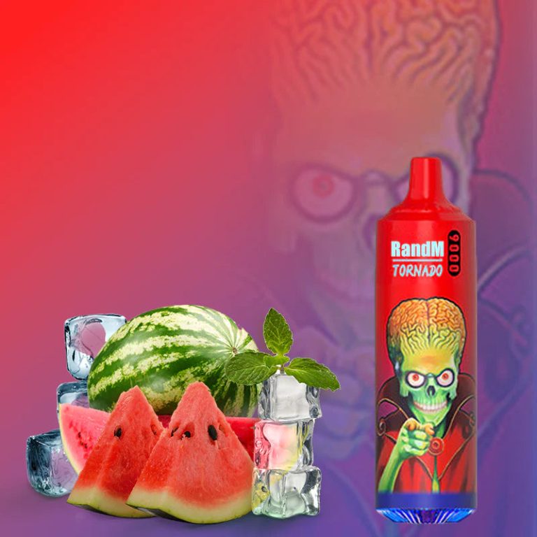 RandM Tornado 9000 red disposable vape with watermelon ice flavor and alien artwork, surrounded by mint, ice cubes, and watermelon slices.
