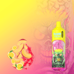RandM Tornado 9000 yellow vape with alien design, featuring sliced peaches and lemon slices on a vibrant gradient background.