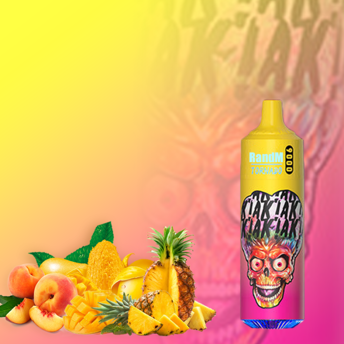 RandM Tornado 9000 vape with vibrant alien skull artwork, surrounded by tropical fruits including mango, peach, and pineapple on a yellow-pink gradient background.