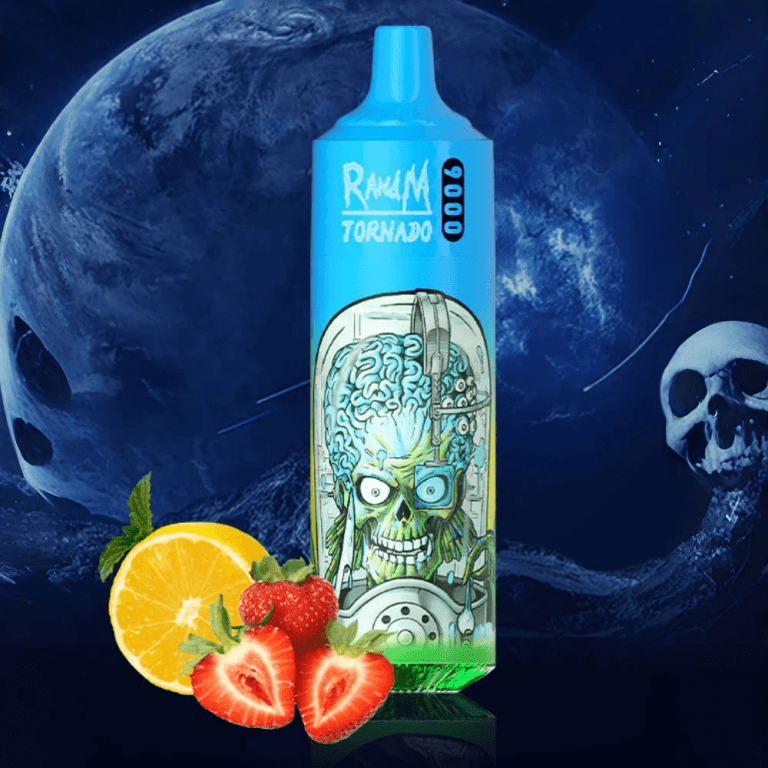 RandM Tornado 9000 disposable vape device with futuristic zombie design, featuring strawberries and orange slices in a cosmic background.
