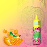 RandM Tornado 9000 yellow vape with green alien graphic, displayed with fresh ripe mango chunks and whole mangoes on a vibrant yellow background.
