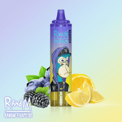 RandM Tornado 15000 puffs disposable vape with cartoon monkey design and mixed fruit flavors including lemon, blueberry, and blackberry.