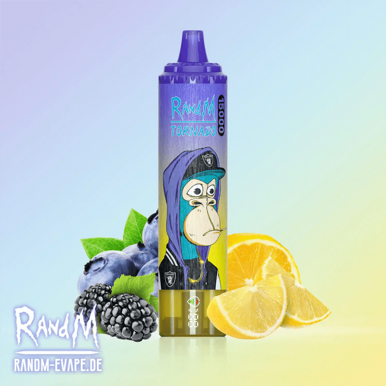 RandM Tornado 15000 puffs disposable vape with cartoon monkey design and mixed fruit flavors including lemon, blueberry, and blackberry.