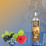 RandM Tornado 7000 vape labeled Gorilla with blueberries, blackberries, and raspberries on a gradient background.