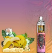 RandM Tornado 7000 Banana Ice disposable vape with bananas, mint leaves, and ice cubes on a gradient background