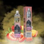 RandM Tornado 7000 Pink Burst vape with strawberry and candy background and bold gorilla graphic.