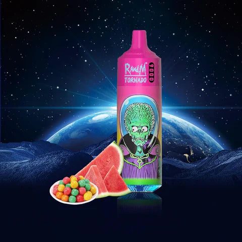 RandM Tornado 9000 pink disposable vape with alien design, displayed with watermelon slices and colorful candy on a cosmic background