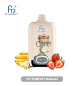 Cream-colored RandM Fumot vape with king monkey graphic, strawberries, bananas, and digital puff indicator