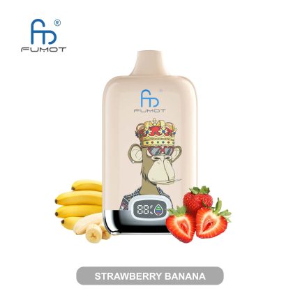 Cream-colored RandM Fumot vape with king monkey graphic, strawberries, bananas, and digital puff indicator