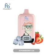 Pink RandM Fumot vape with a stylish cartoon monkey wearing shades and hat, digital display, surrounded by strawberries and ice cubes