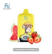 Bright yellow RandM Fumot vape with cartoon monkey in heart-shaped glasses, surrounded by fresh strawberries and watermelon slices