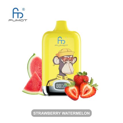 Bright yellow RandM Fumot vape with cartoon monkey in heart-shaped glasses, surrounded by fresh strawberries and watermelon slices