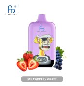 Purple RandM Fumot vape with cartoon ape in sunglasses and headband, surrounded by strawberries and grapes