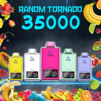 RandM Tornado 35000 puffs disposable vapes in vibrant colors and fruity flavors including Sour Apple Pop, Watermelon Ice, and Kiwi Passion Fruit Guava