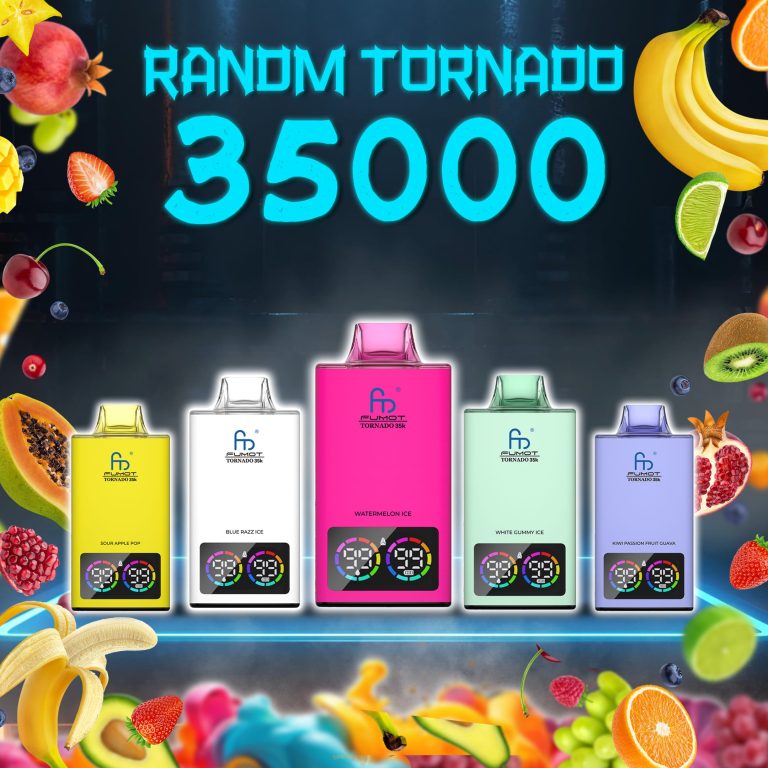 RandM Tornado 35000 puffs disposable vapes in vibrant colors and fruity flavors including Sour Apple Pop, Watermelon Ice, and Kiwi Passion Fruit Guava