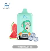 Mint green RandM Fumot vape with a cartoon monkey in orange and ice cubes, watermelon slices beside it