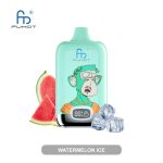 Watermelon Ice flavored vape with a cool minty finish, featuring a fun green monkey design, watermelon slices, and ice cubes.