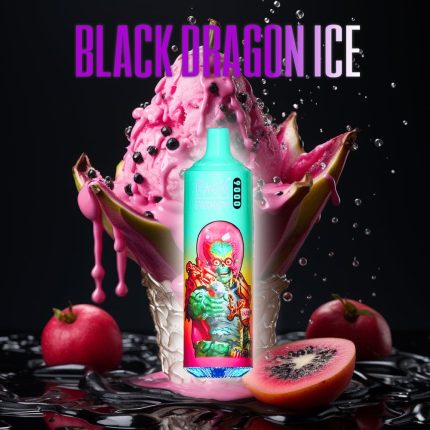 RandM Tornado 9000 puff vape with alien design in front of dragon fruit and black ice cream representing Black Dragon Ice flavor