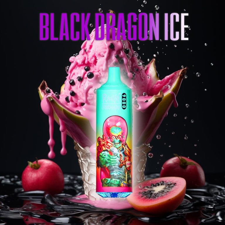 RandM Tornado 9000 puff vape with alien design in front of dragon fruit and black ice cream representing Black Dragon Ice flavor