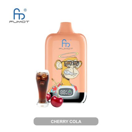 Peach-orange RandM Fumot vape with cartoon ape wearing glasses and halo, surrounded by cherry cola and cherries