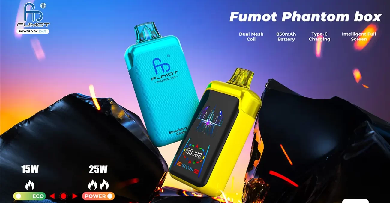 Fumot Phantom Box vape devices with LED screen, dual mesh coil, Type-C charging, and 850mAh battery in blue and yellow designs
