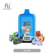 Blue RandM Fumot vape with cartoon monkey in colorful cap, surrounded by strawberries, blueberries, blackberries, and ice cubes