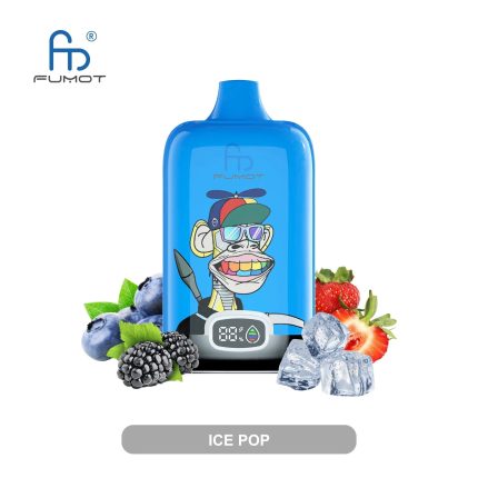 Blue RandM Fumot vape with cartoon monkey in colorful cap, surrounded by strawberries, blueberries, blackberries, and ice cubes