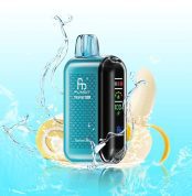 Fumot Tornado 20000 vape in Banana Cake flavor with splashes, banana slices, and cake swirl on a light blue background