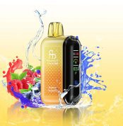 Fumot Tornado 20000 vape in Blueberry Raspberry flavor with water splash, blueberries, raspberries, and vibrant background