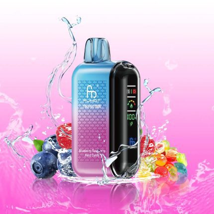 Fumot Tornado 20000 vape in Blueberry Raspberry Hard Candy flavor with water splashes, blueberries, raspberries, and colorful candy on a pink gradient background
