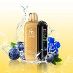 Fumot Tornado 20000 Blueberry Raspberry vape with fresh blueberries and raspberries, splashing water and a soft yellow gradient background