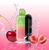 Fumot Tornado 20000 Cherry vape with whole and halved cherries splashing on a pink gradient background