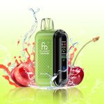 Fumot Tornado 20000 Cherry Berry vape device with cherries and berry splash on a lime green background