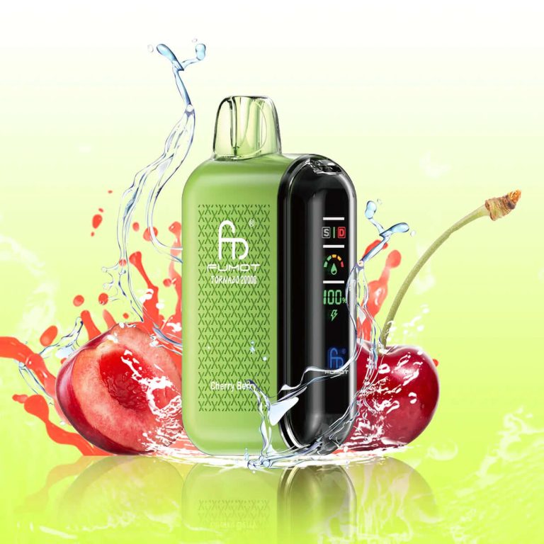 Fumot Tornado 20000 Cherry Berry vape device with cherries and berry splash on a lime green background