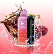 Fumot Tornado 20000 Cherry Cola vape with cherry fruits and splashing cola on a red-pink background