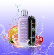 Fumot Tornado 20000 vape in Grape Cherry flavor with juicy cherries and sliced grape fruits splashing on a purple background