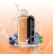 Fumot Tornado 20000 huckleberry vape with orange gradient body, blueberries, and splash effect