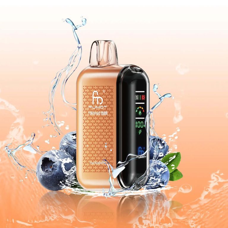 Fumot Tornado 20000 huckleberry vape with orange gradient body, blueberries, and splash effect