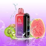 Fumot Tornado 20000 vape in red-purple gradient with kiwi, passion fruit, and guava fruit elements splashing in water