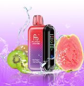 Fumot Tornado 20000 vape in red-purple gradient with kiwi, passion fruit, and guava fruit elements splashing in water